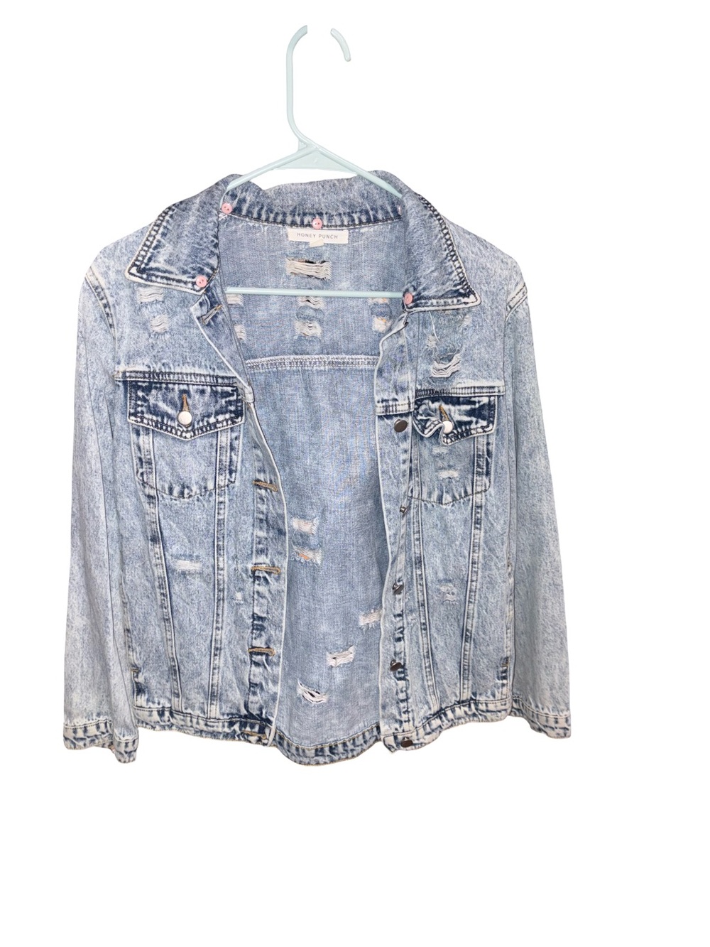 Honey Punch Light Blue Distressed Denim Jacket